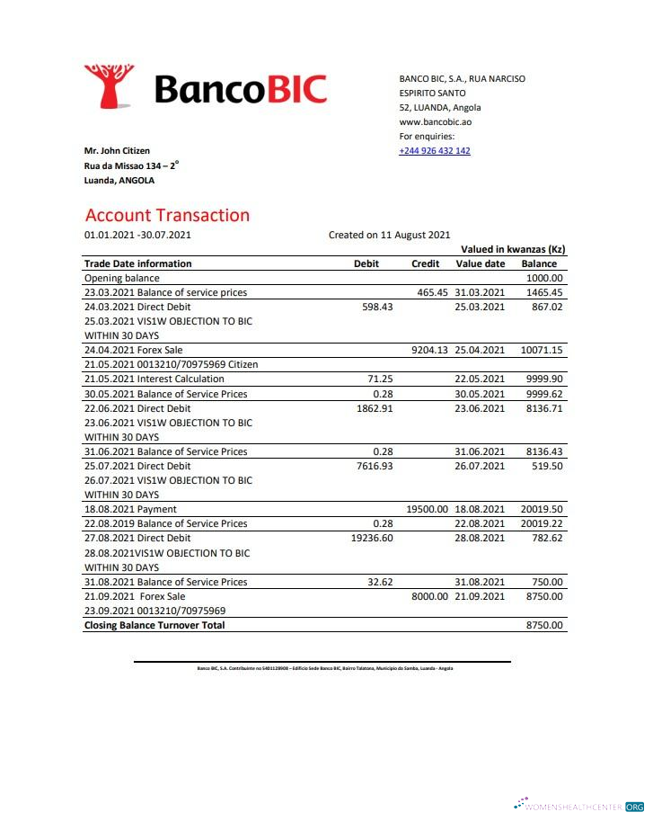 Download Angola Banco BIC bank statement excel Photoshop template